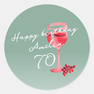 Sticker Rond Aquarelle en verre de vin rouge 70e anniversaire