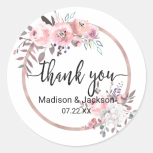 Sticker Rond Aquarelle encadrée d'or bleu et Rose Mariage préfé