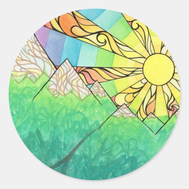 Sticker Rond Aquarelle et marqueur Abstraits Rainbow Sun Settin (Devant)
