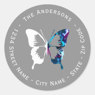 Sticker Rond Aquarelle et Papillon blanc Adresse de retour Labe