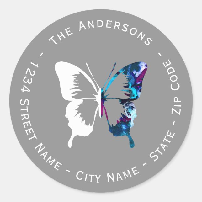Sticker Rond Aquarelle et Papillon blanc Adresse de retour Labe (Devant)