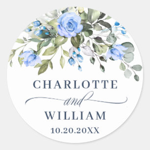 Sticker Rond Aquarelle Eucalyptus Bleu Rose Mariage Merci