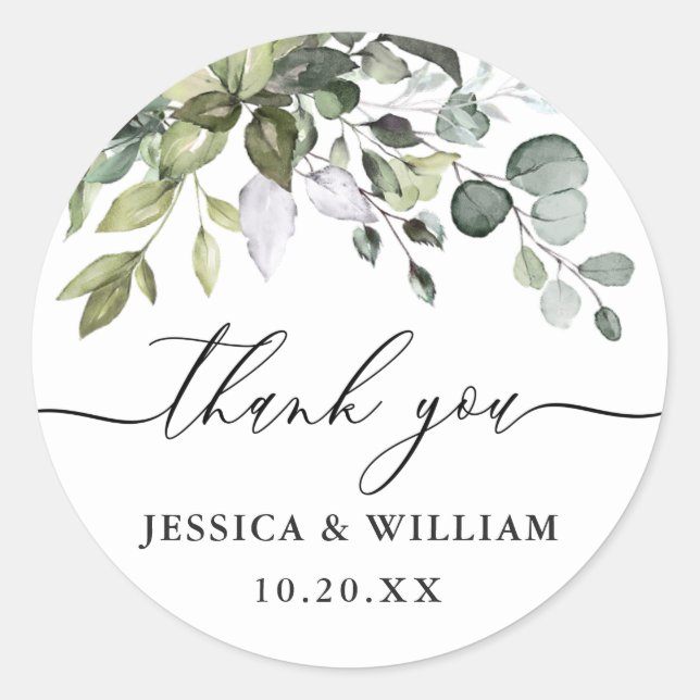 Sticker Rond Aquarelle Eucalyptus Merci Mariage vert (Devant)