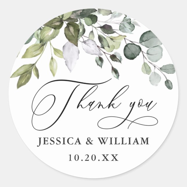 Sticker Rond Aquarelle Eucalyptus Merci Mariage vert (Devant)