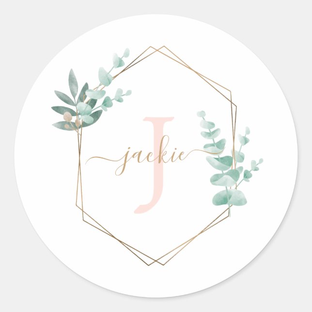 Sticker Rond Aquarelle Eucalyptus Monogramme du cadre (Devant)