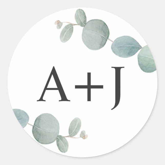 Sticker Rond Aquarelle Eucalyptus Verdure avec Initiales (Devant)