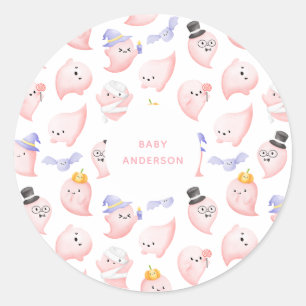 Sticker Rond Aquarelle Fantômes roses Baby shower d'Halloween