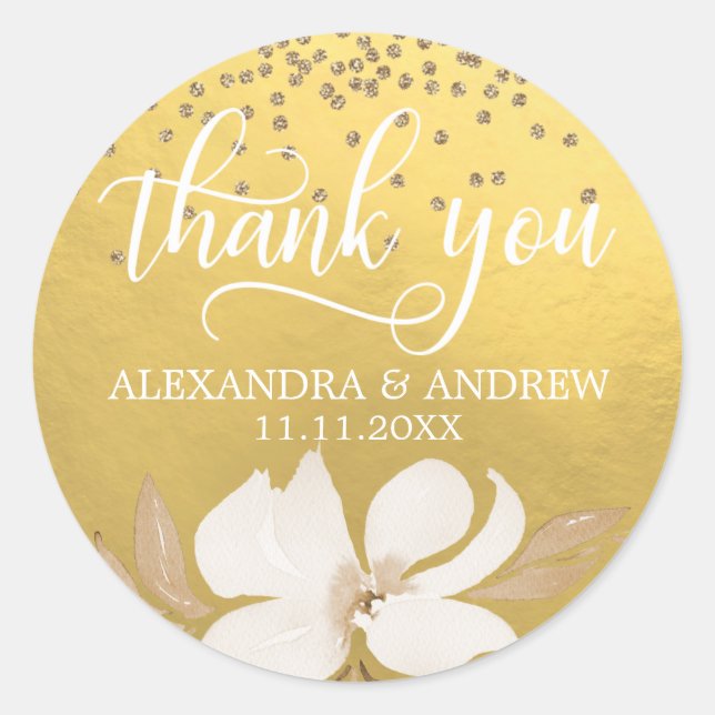Sticker Rond Aquarelle Faux Gold Foil Merci Mariage Floral (Devant)