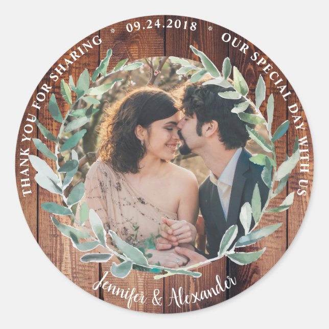 Sticker Rond Aquarelle feuille bois Mariage Merci photo (Devant)