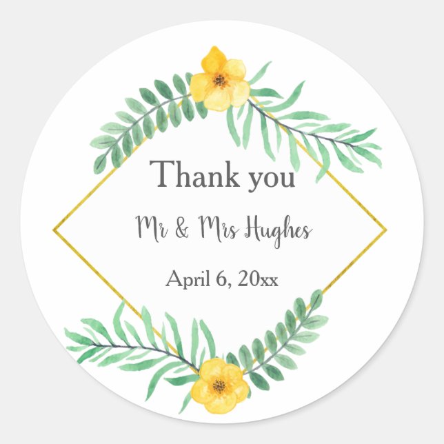 Sticker Rond Aquarelle Feuille et fleur jaune merci (Devant)