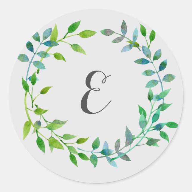Sticker Rond Aquarelle Feuille verte | Monogramme (Devant)