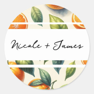 Sticker Rond Aquarelle Feuilles d'Orange Citronnées Mariage