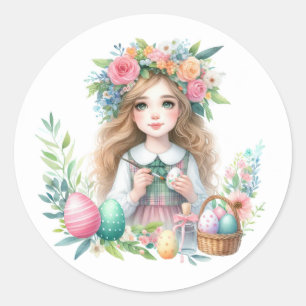 Sticker Rond Aquarelle fille Pâques
