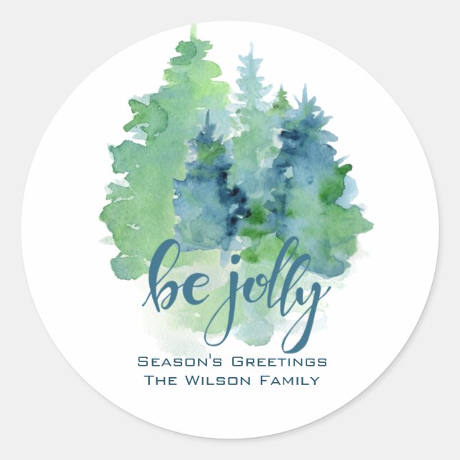 Sticker Rond Aquarelle Fir Tree Joyeuses Fêtes personnalisés (Devant)