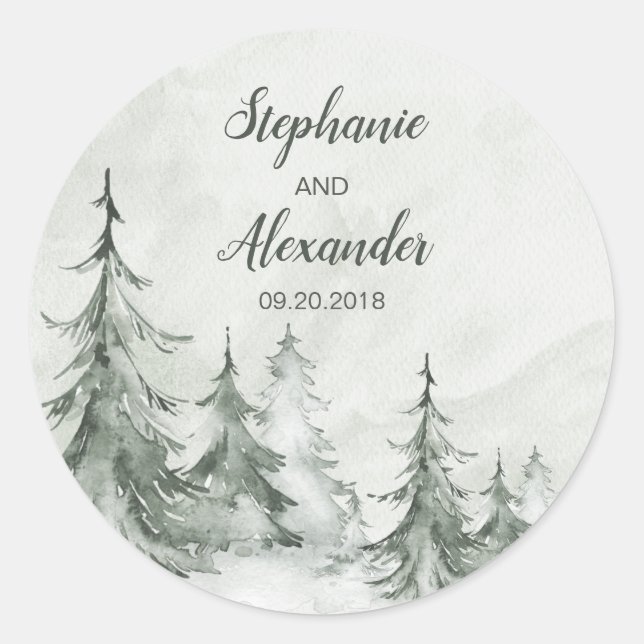 Sticker Rond Aquarelle Fir Trees Mariage d'hiver (Devant)