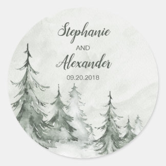 Sticker Rond Aquarelle Fir Trees Mariage d'hiver