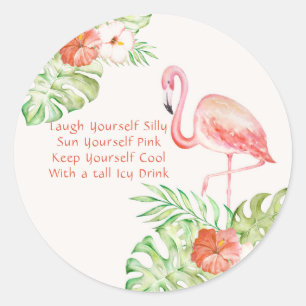 Sticker Rond Aquarelle Flamant rose et Citation drôle Tropical