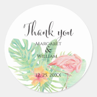 Sticker Rond Aquarelle flamant rose et verdure tropicale
