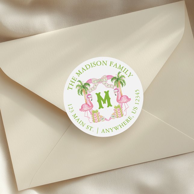 Sticker Rond Aquarelle Flamant rose rose Monogramme Crest Noël (Créateur téléchargé)