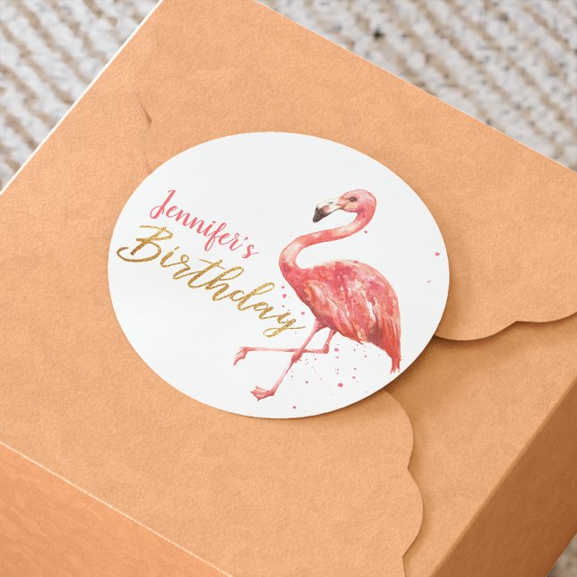 Sticker Rond Aquarelle Flamant rose rose Or Anniversaire | (Créateur téléchargé)