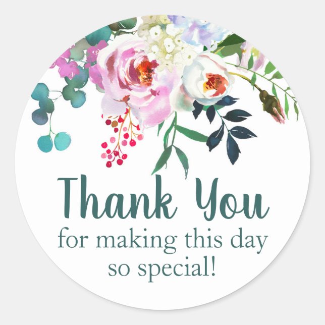 Sticker Rond Aquarelle Fleur Merci Anniversaire Favoriser Turqu (Devant)