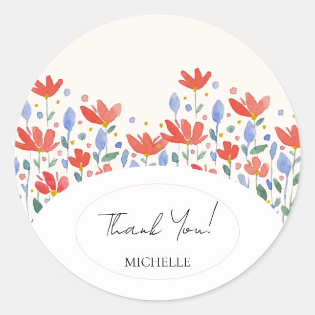 Sticker Rond Aquarelle fleur sauvage En Rouge Doux Et Bleu (Devant)
