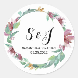 Sticker Rond aquarelle fleurie couronne mariée NOMS