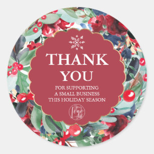 Sticker Rond aquarelle fleurie couronne or rouge bleu merci