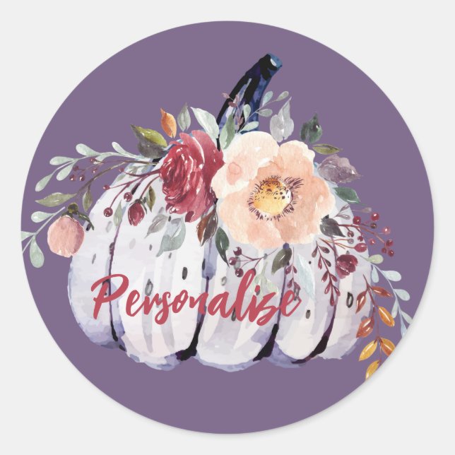 Sticker Rond Aquarelle fleurie violet citrouille d'automne (Devant)