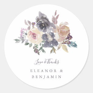 Sticker Rond Aquarelle Fleurie Violet Poussiéreux Mariage Perso