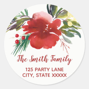 Sticker Rond Aquarelle Fleurs de Noël Rond Adresse de retour