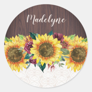 Sticker Rond Aquarelle Fleurs de soleil dentelle Bois Nom rusti