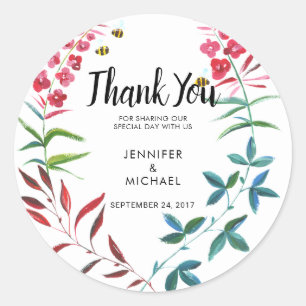 Sticker Rond Aquarelle fleurs d'été Mariage Merci Favoriser