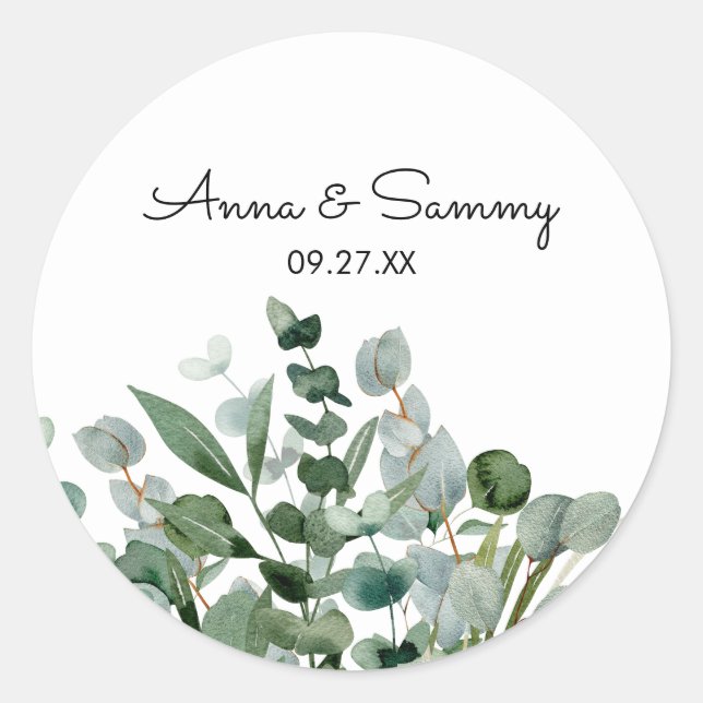 Sticker Rond Aquarelle Fleurs Feuillage d'Eucalyptus Mariage (Devant)