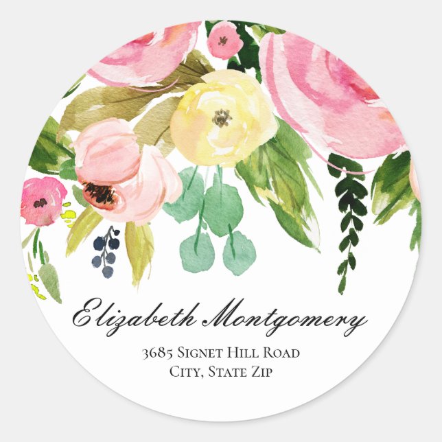 Sticker Rond Aquarelle Fleurs Retourner Adresse Classic Round (Devant)
