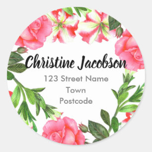 Sticker Rond Aquarelle Fleurs roses Adresse de couronne circula