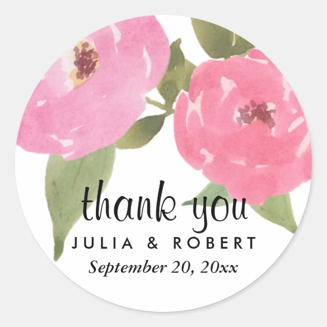 Sticker Rond Aquarelle Fleurs roses Chic Merci Mariage (Devant)