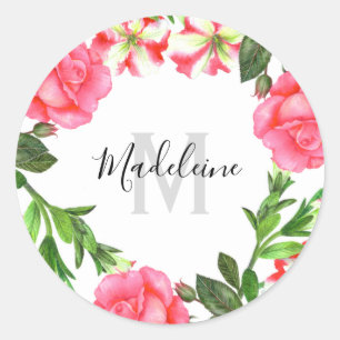 Sticker Rond Aquarelle Fleurs roses Circle Wreath Monogramme