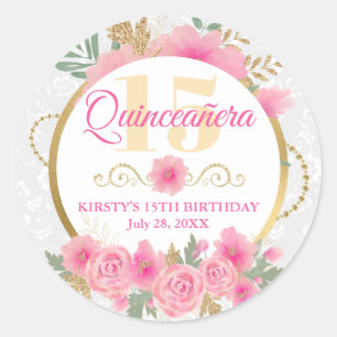 Sticker Rond Aquarelle Fleurs roses et Huile d'or Quinceañera