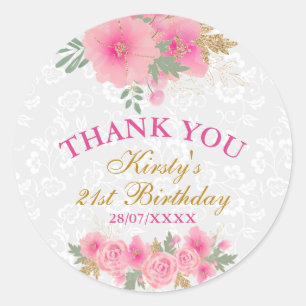 Sticker Rond Aquarelle Fleurs roses Gold Foil Anniversaire