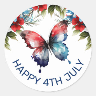 Sticker Rond Aquarelle Fleurs Rouges, Bleues & Blanches 4 Juill