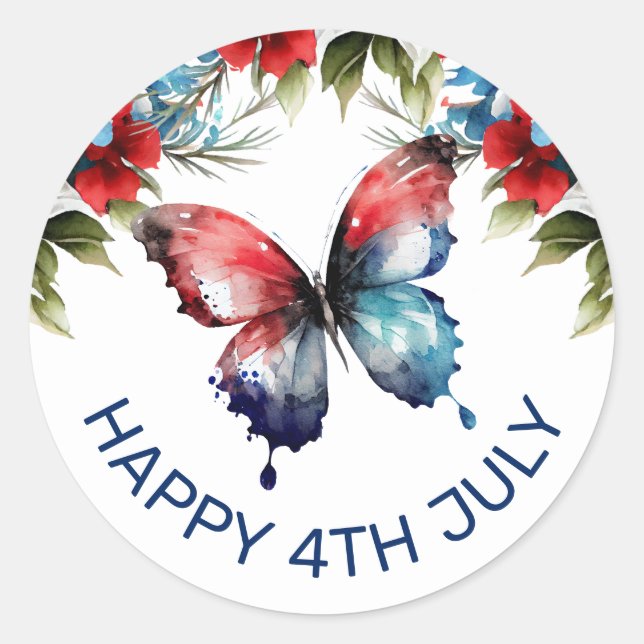 Sticker Rond Aquarelle Fleurs Rouges, Bleues & Blanches 4 Juill (Devant)