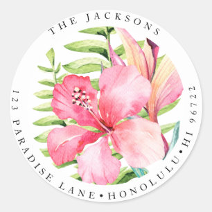 Sticker Rond Aquarelle Fleurs tropicales Hibiscus