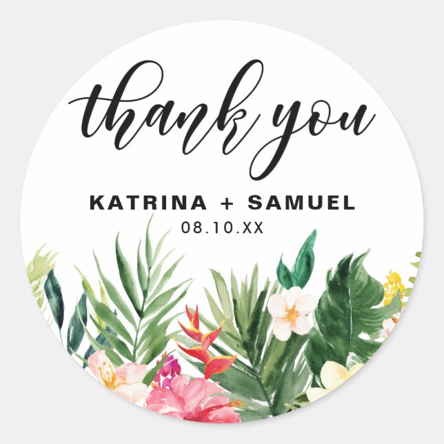 Sticker Rond Aquarelle Fleurs tropicales Merci Mariage (Devant)