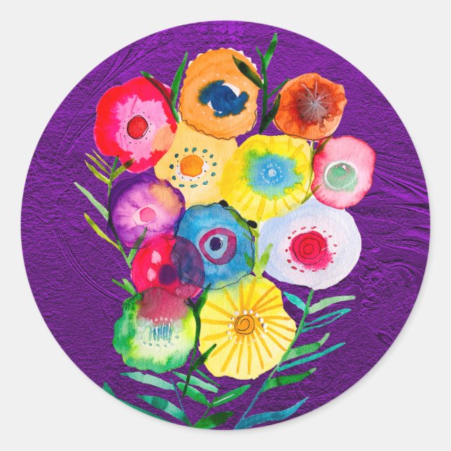 Sticker Rond Aquarelle fleurs violettes fleuries florales (Devant)