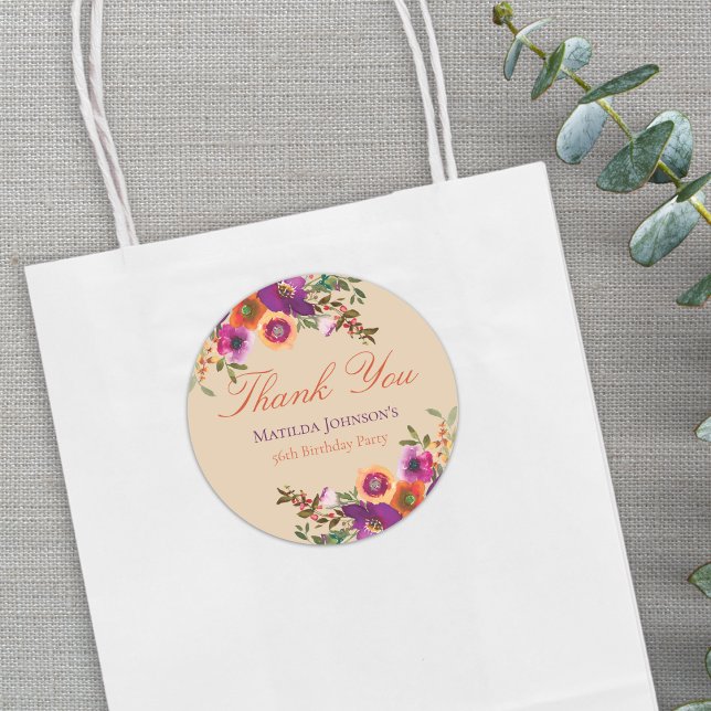 Sticker Rond Aquarelle Floral Automne Merci d'anniversaire (Watercolor Floral Fall Birthday Thank You Classic Round Sticker)