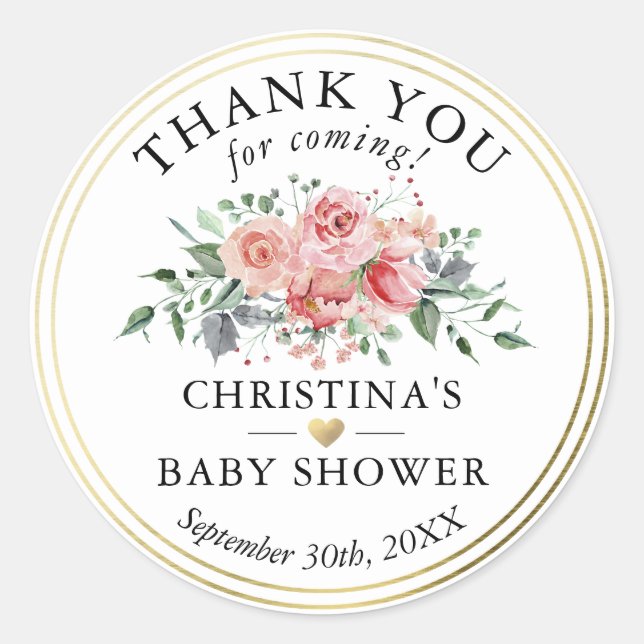 Sticker Rond Aquarelle Floral Baby shower or Merci (Devant)