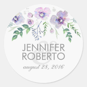 Sticker Rond Aquarelle Floral bleu violet Mariage