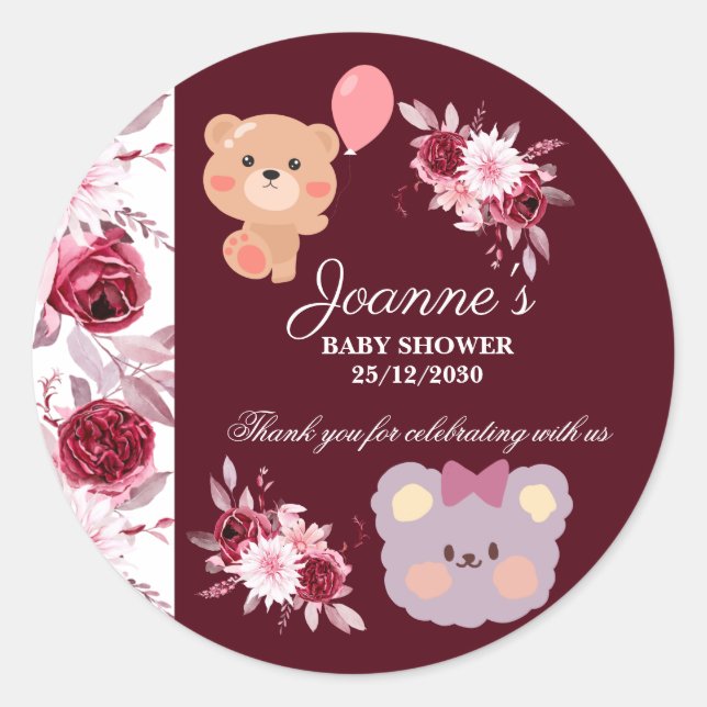 Sticker Rond Aquarelle Floral Blush Baby shower Bourgogne rose (Devant)