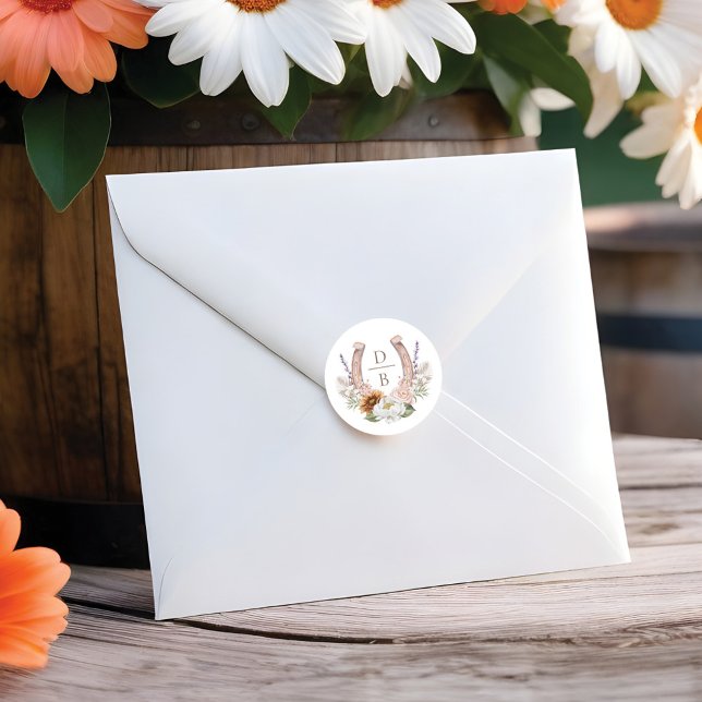 Sticker Rond Aquarelle Floral Boho Western Horseshoe Monogramme (Watercolor Floral Boho Western Horseshoe Monogram Classic Round Sticker)